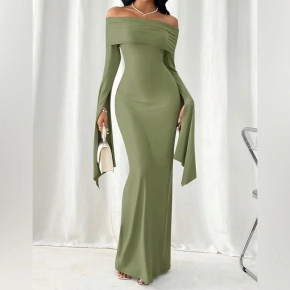 Bronze Noir Enchantment Off-Shoulder Flare Sleeve Dress | Size S - Picture 6 of 8